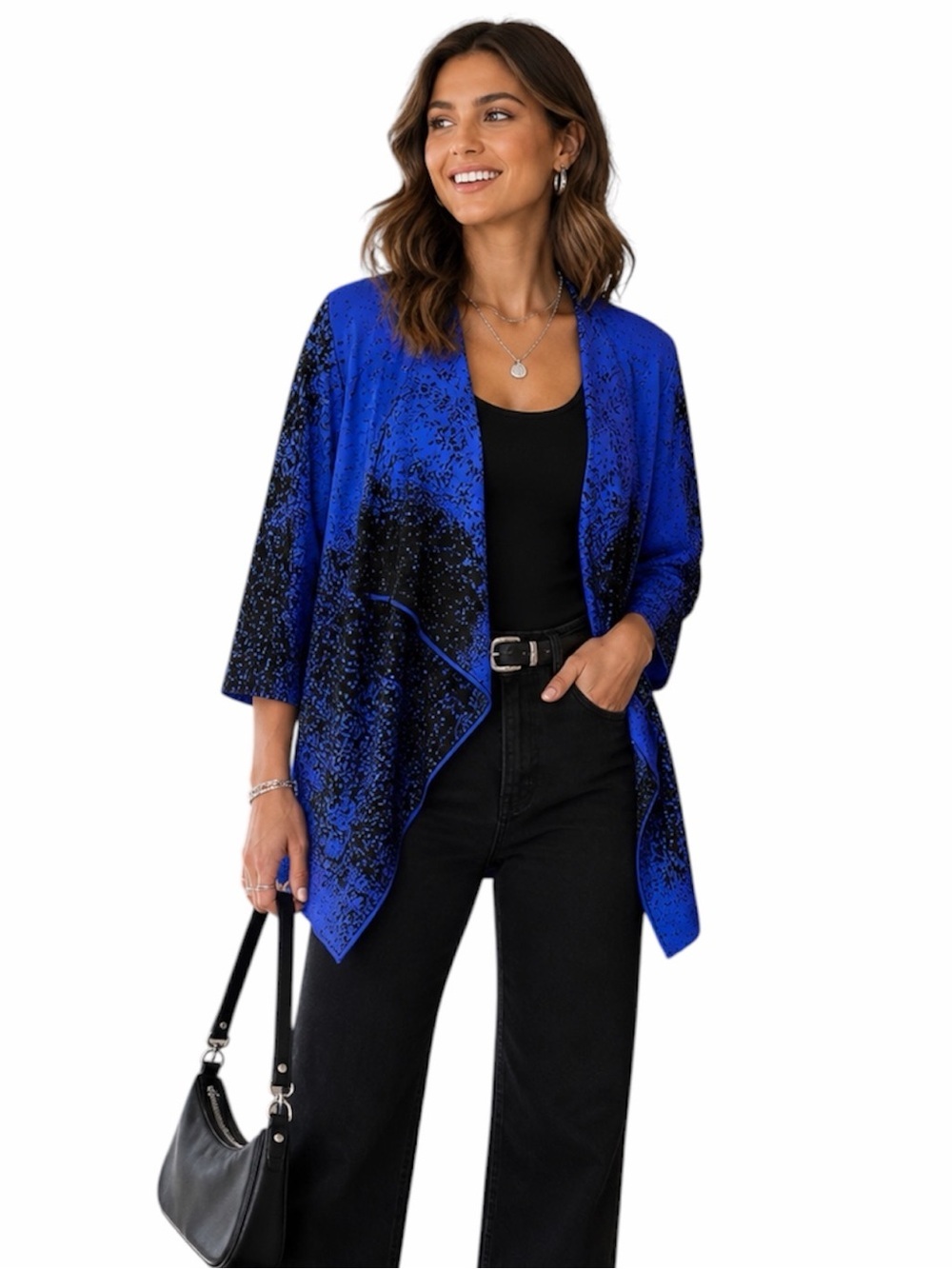 KASPER COLORBLOCK BLUE BLACK OPEN FRONT ASYMMETRICAL CARDIGAN